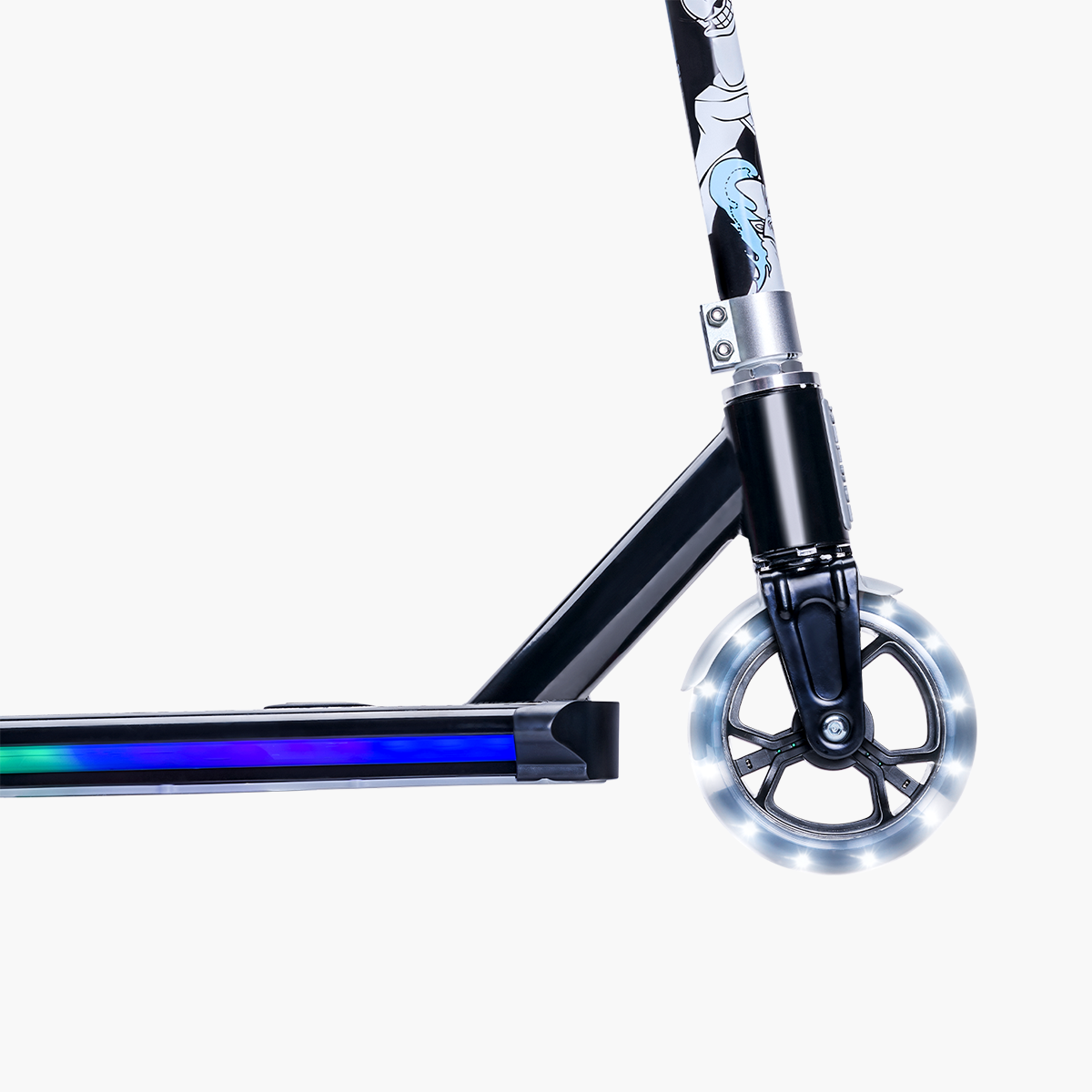 close up of the front wheel of the Villains electric scooter